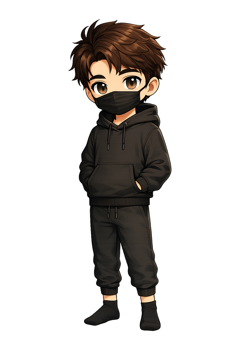 Chibi illustration of Oliver wearing a black hoodie and face mask.